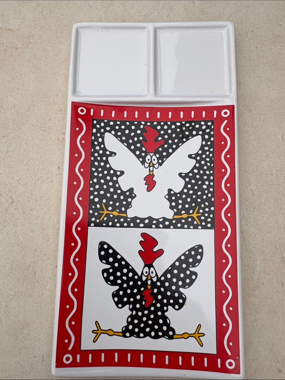 Vintage Whimsical Rooster Ceramic Tray in Red, Black, White